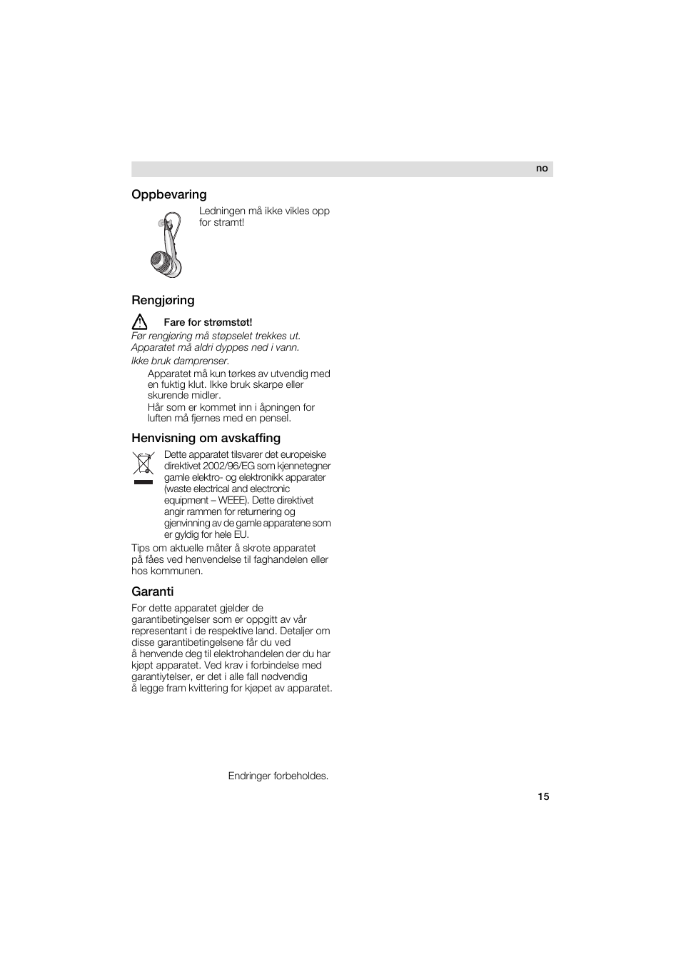 Oppbevaring, Fare for stromstot, Henvisning om avskaffing | Garanti | Siemens PH 2336 D User Manual | Page 15 / 48