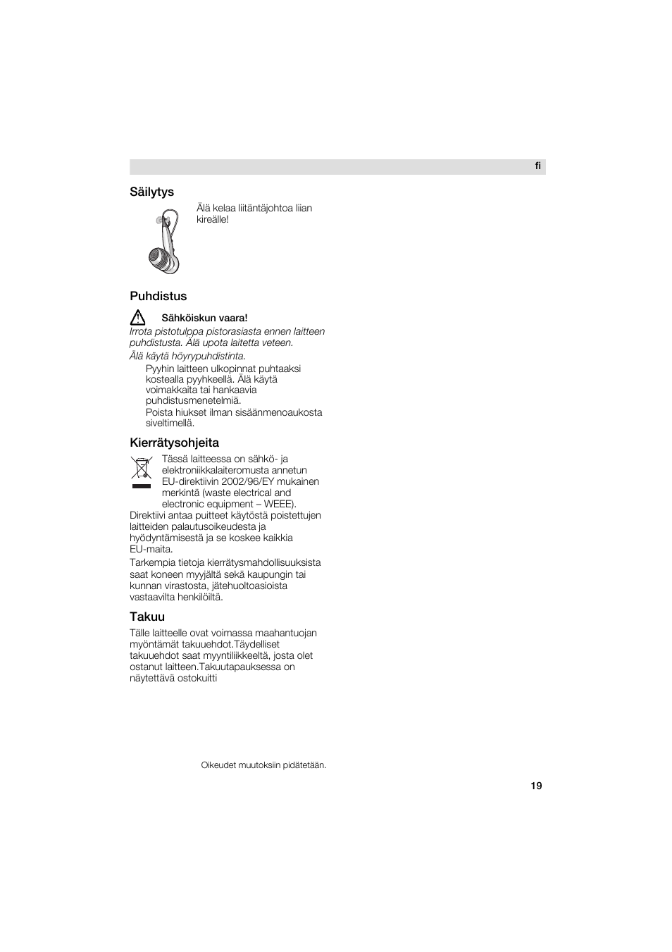 Säilytys, Puhdistus, Kierrätysohjeita | Takuu | Siemens PH 2336 D User Manual | Page 19 / 48