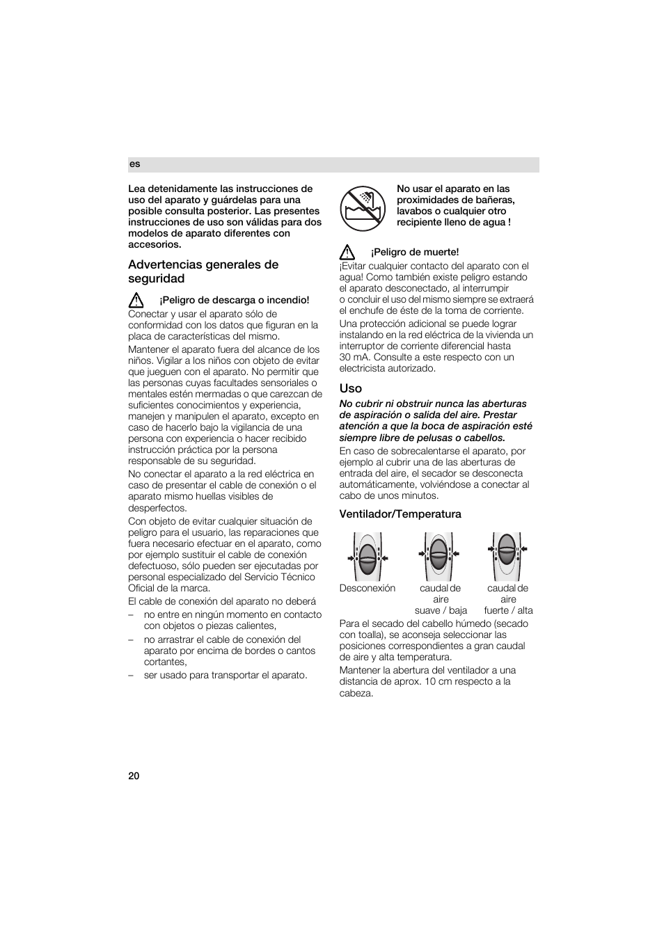 Advertencias generales de seguridad, A ¡peligro de muerte, Ventilador/temperatura | Siemens PH 2336 D User Manual | Page 20 / 48