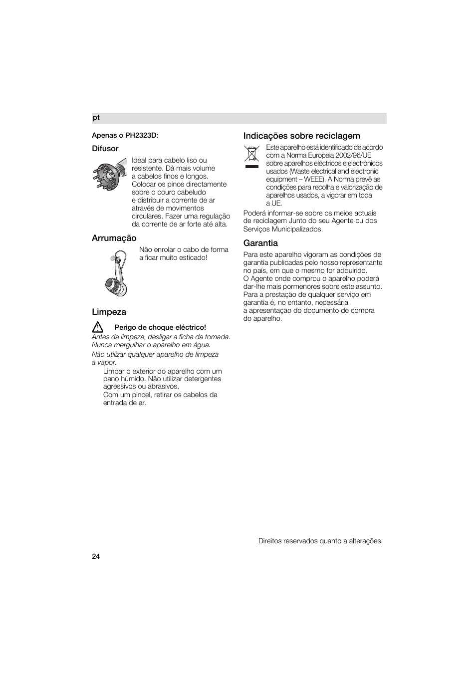 Apenas o ph2323d, Difusor, Arrumaçâo | Limpeza, Indicaçôes sobre reciclagem, Garantia | Siemens PH 2336 D User Manual | Page 24 / 48