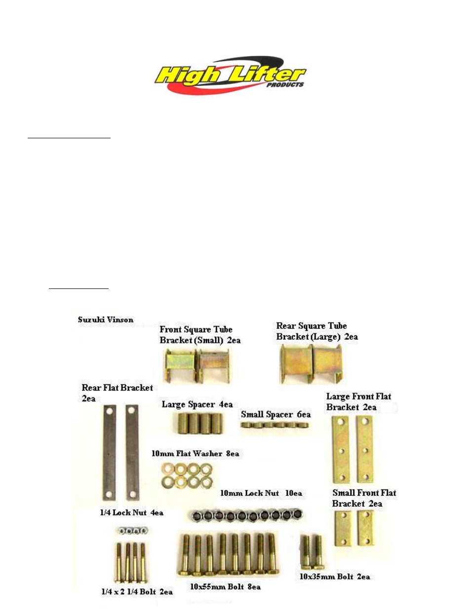 High Lifter Lift Kit for Suzuki Vinson 500 with Tie Rods User Manual | 7 pages