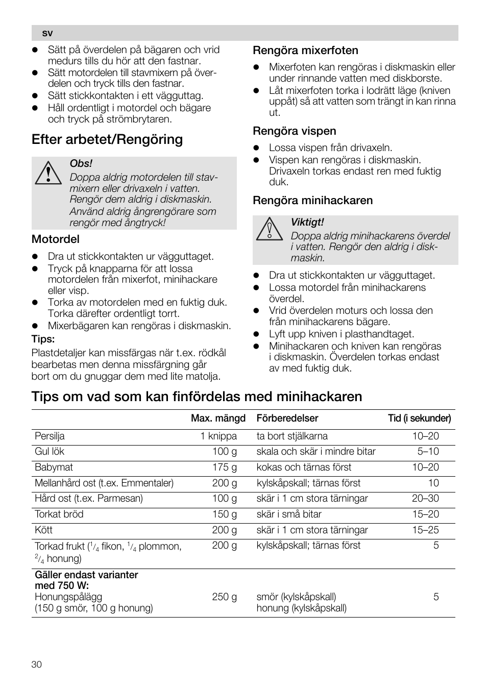 Efter arbetet/rengöring, Motordel, Rengöra mixerfoten | Rengöra vispen, Tips om vad som kan finfördelas med minihackaren | Siemens MQ 5 N 221 User Manual | Page 30 / 81