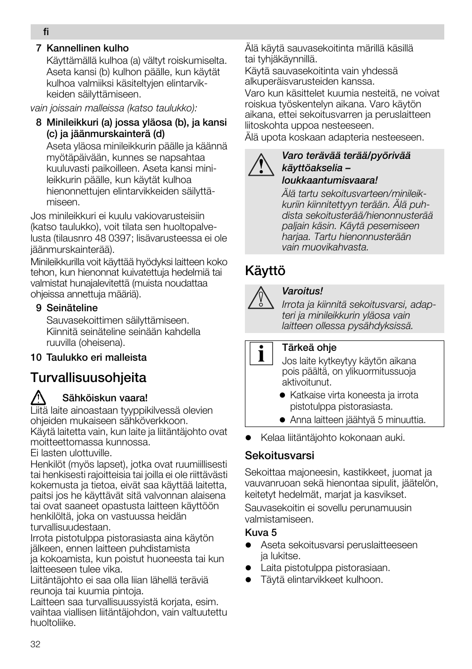 7 kannellinen kulho, 9 seinâteline, 10 taulukko eri malleista | Turvallisuusohjeita | Siemens MQ 5 N 221 User Manual | Page 32 / 81