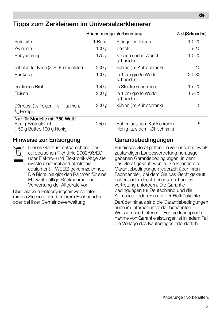 Hinweise zur entsorgung, Garantiebedingungen, Tipps zum zerkleinern im universalzerkleinerer | Siemens MQ 5 N 221 User Manual | Page 5 / 81