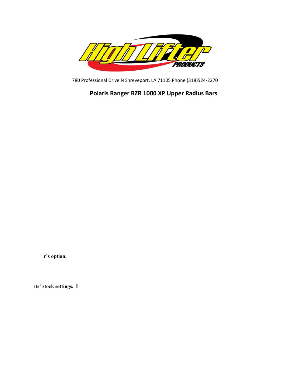 High Lifter Upper Straight Radius Bar for Polaris RZR 1000 XP (2014) User Manual | 5 pages