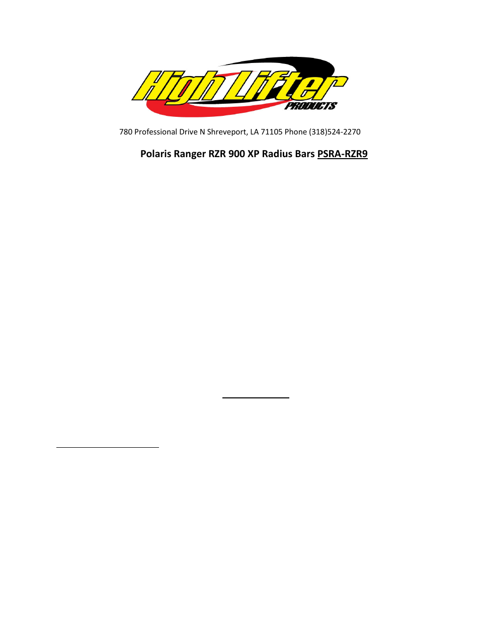 High Lifter Upper Straight Radius Bar for Polaris RZR 900 XP "4" User Manual | 6 pages