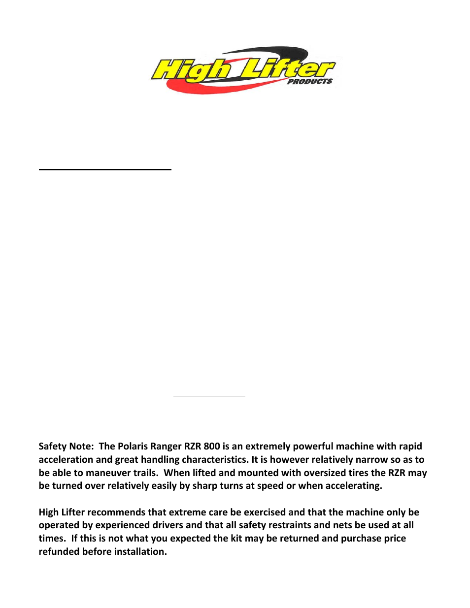 High Lifter Lift Kit for Polaris 800 Ranger RZR (07-08) User Manual | 7 pages