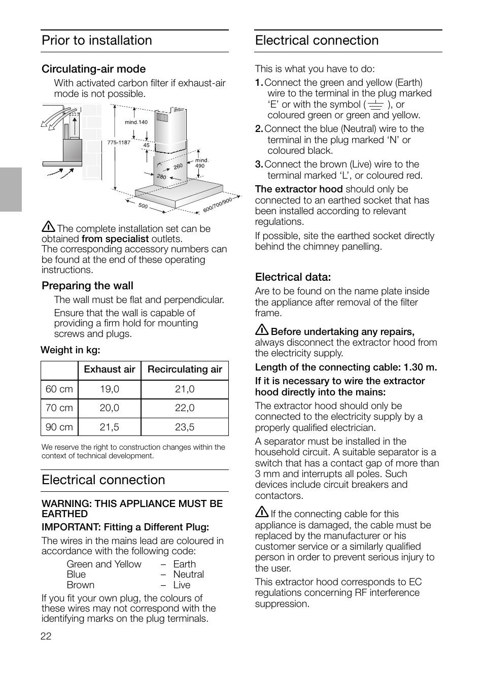 Electrical connection, Prior to installation | Siemens LC 46052 User Manual | Page 22 / 80