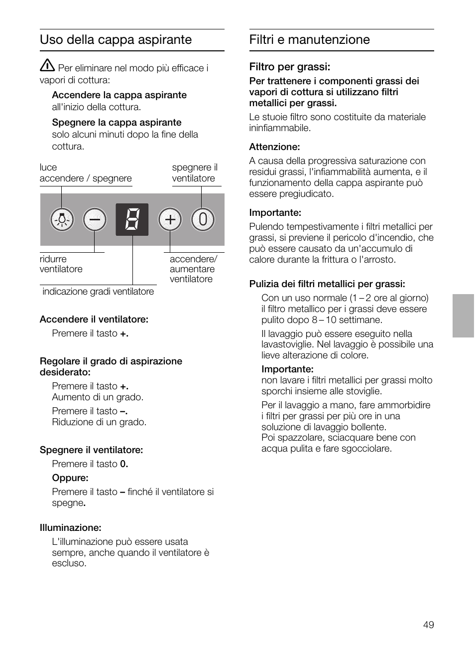 Uso della cappa aspirante, Filtri e manutenzione | Siemens LC 46052 User Manual | Page 49 / 80