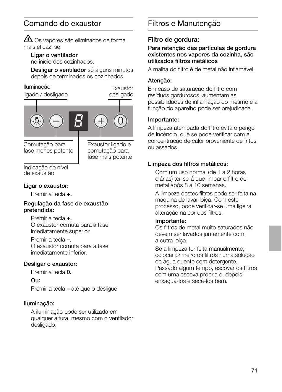 Comando do exaustor, Filtros e manutenção | Siemens LC 46052 User Manual | Page 71 / 80