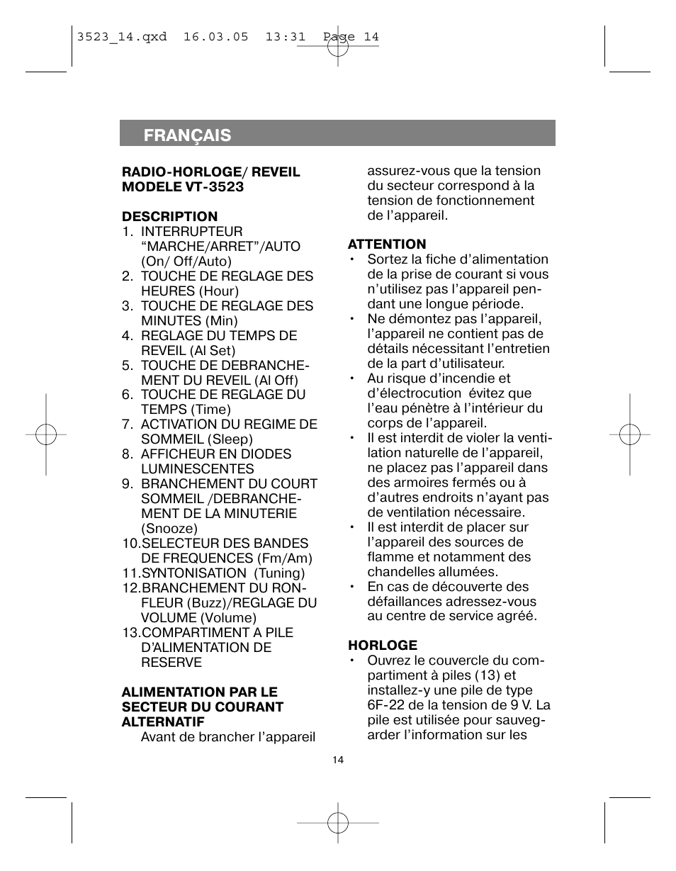 Français | Vitek VT-3523 User Manual | Page 15 / 52