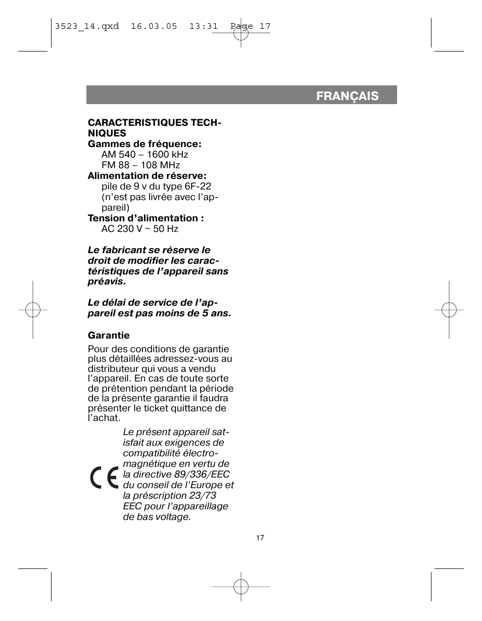 Français | Vitek VT-3523 User Manual | Page 18 / 52