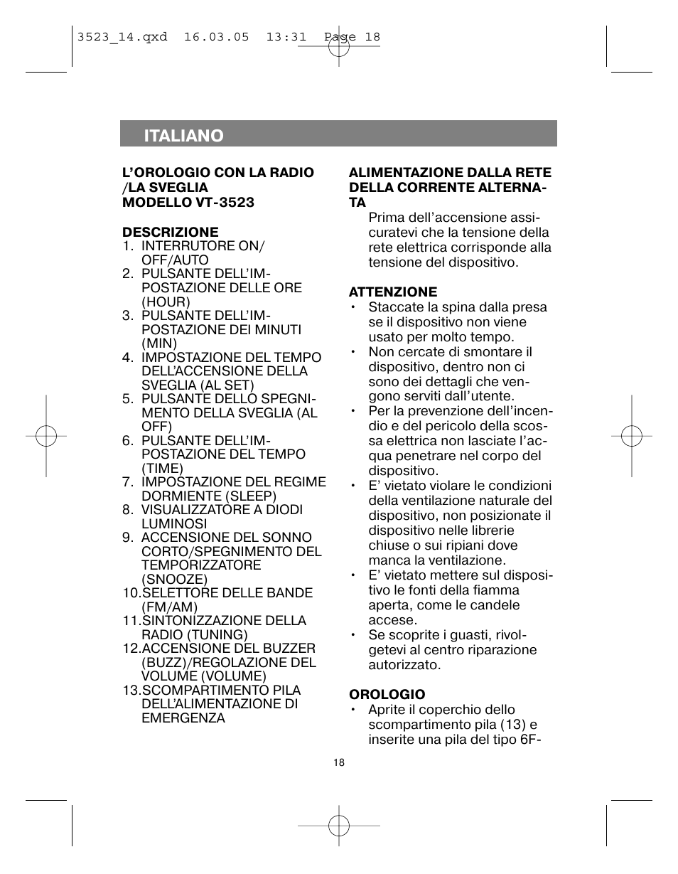 Italiano | Vitek VT-3523 User Manual | Page 19 / 52