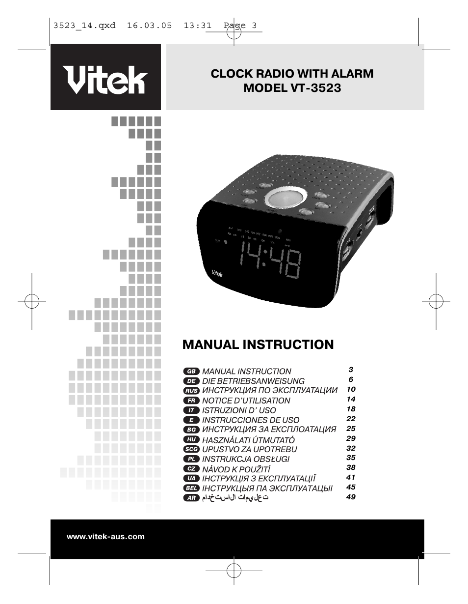 Manual instruction, Clock radio with alarm model vt-3523 | Vitek VT-3523 User Manual | Page 2 / 52