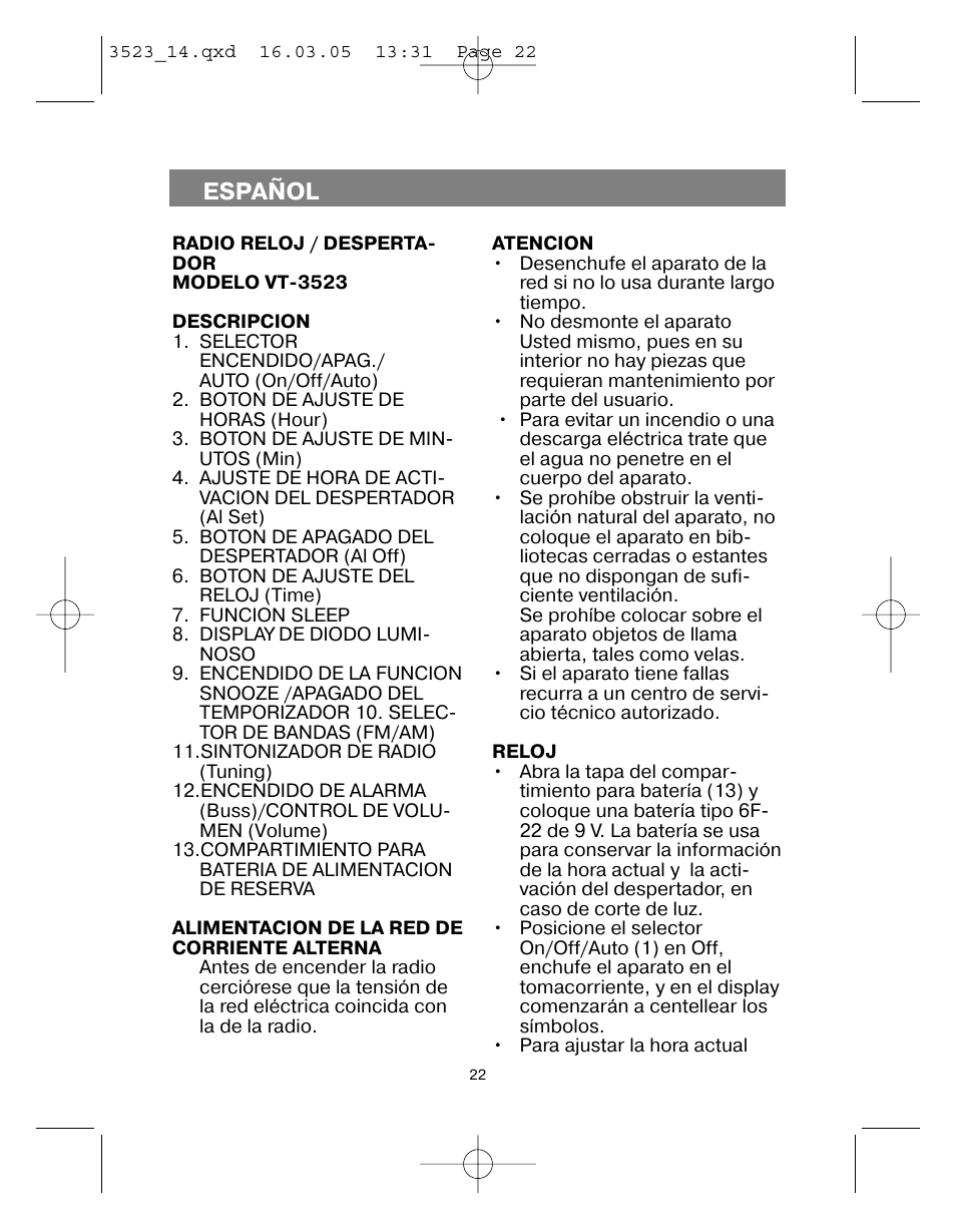 Español | Vitek VT-3523 User Manual | Page 23 / 52