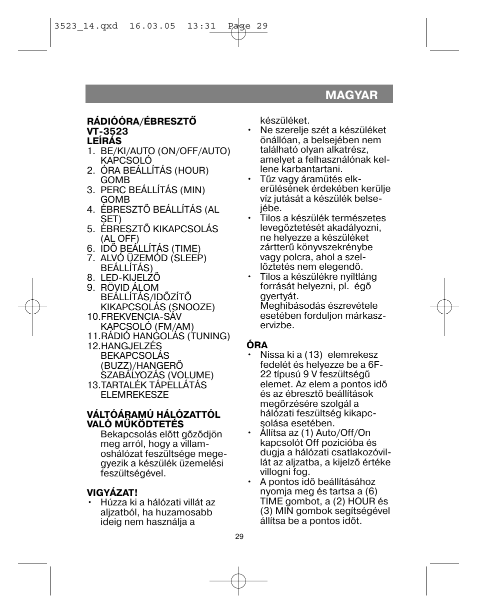 Magyar | Vitek VT-3523 User Manual | Page 30 / 52