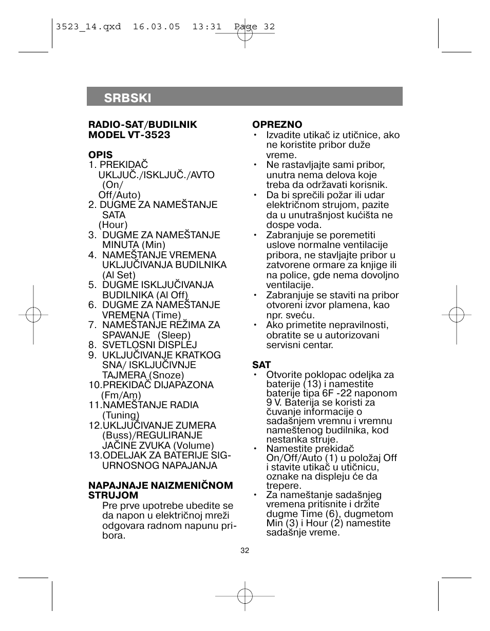 Srbski | Vitek VT-3523 User Manual | Page 33 / 52