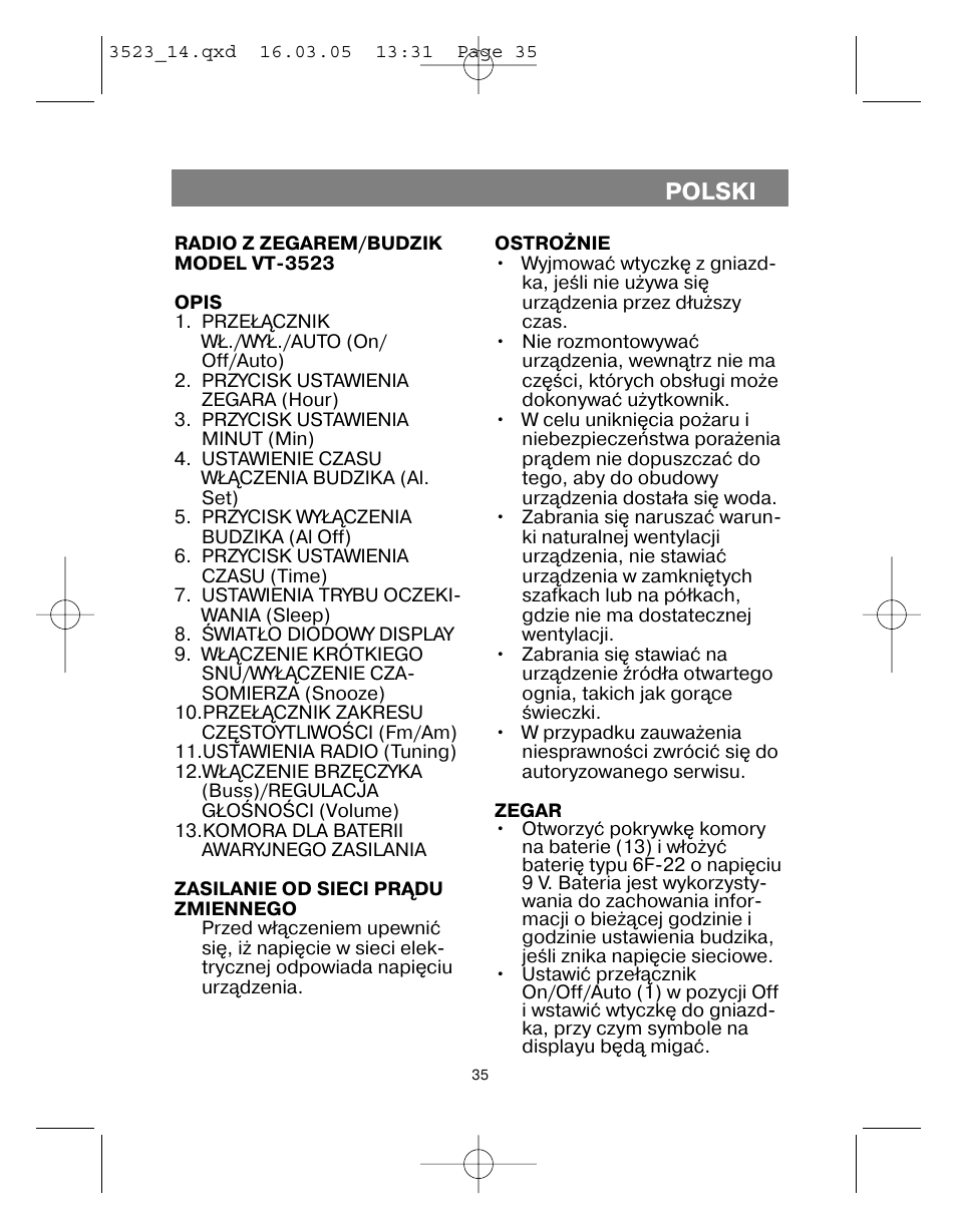 Polski | Vitek VT-3523 User Manual | Page 36 / 52