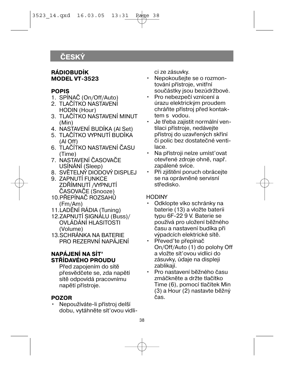 Èeský | Vitek VT-3523 User Manual | Page 39 / 52