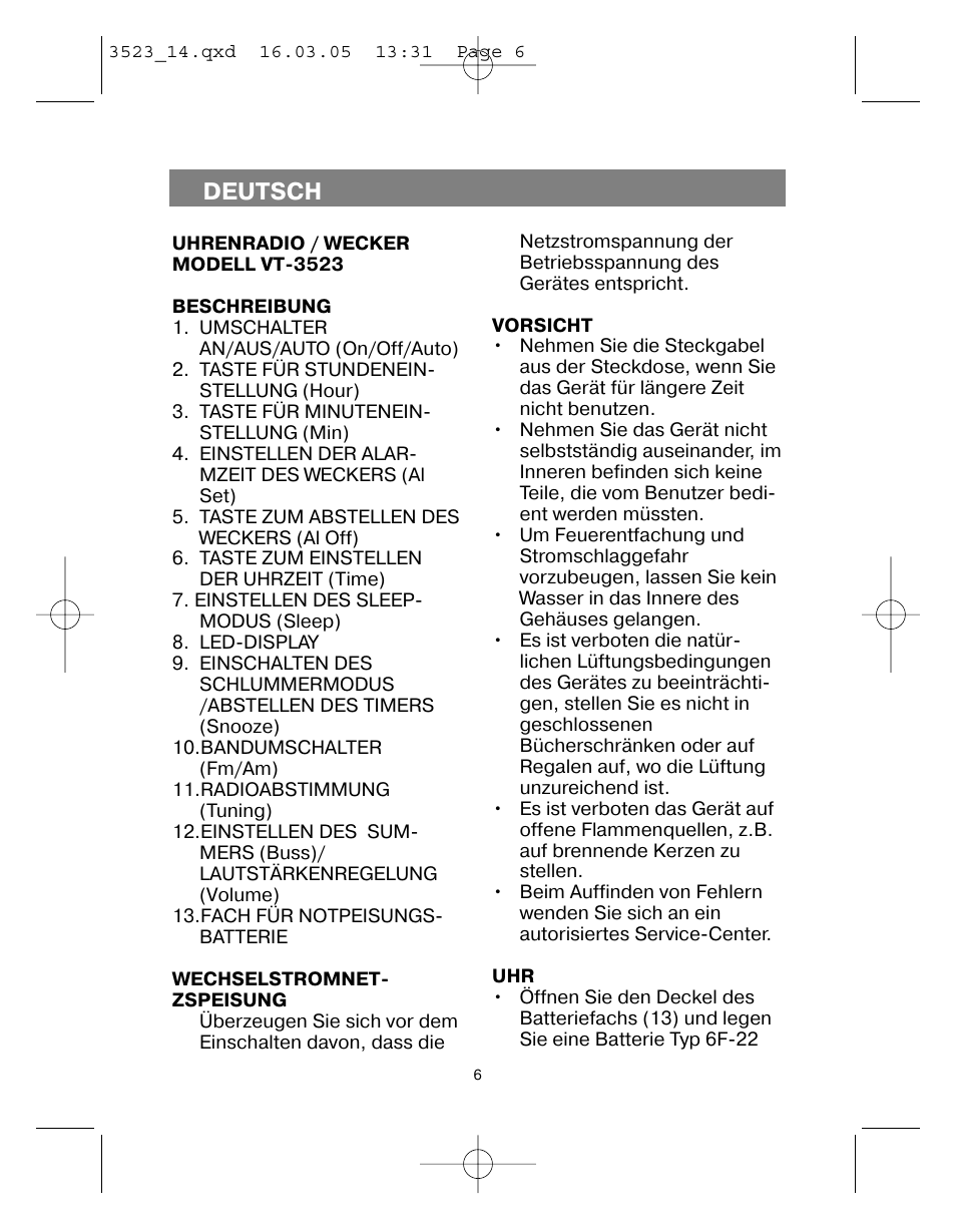 Deutsch | Vitek VT-3523 User Manual | Page 7 / 52