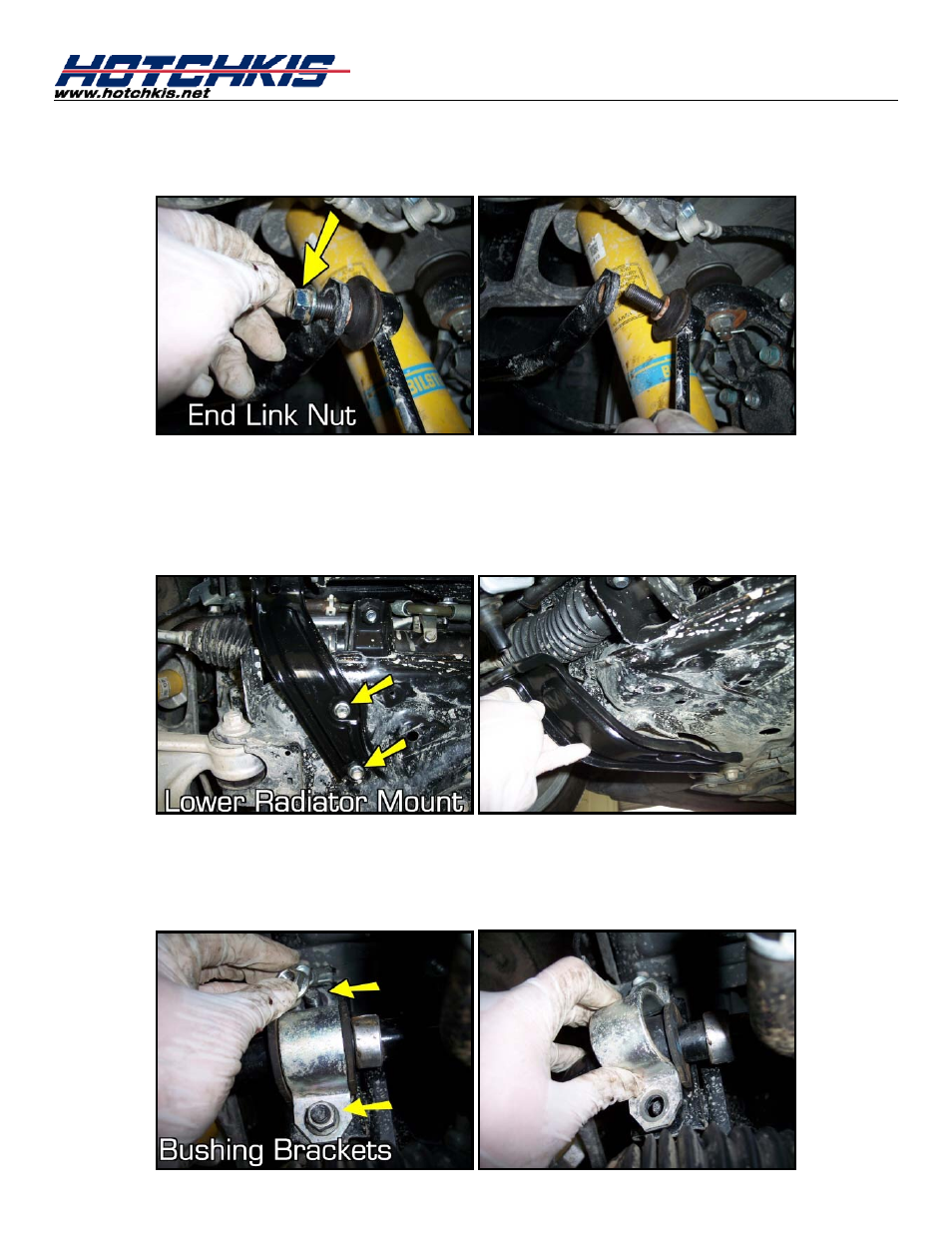 Detach end links, Disconnect lower radiator supports, Undo the sway bar bushing bracket bolts | Hotchkis 22435R MX5 Rear Sport Sway Bar User Manual | Page 2 / 10