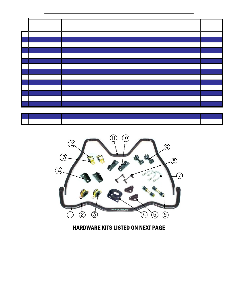 64 chevrolet b-body sport sway bar kit, parts list, Hardware kits listed on next page | Hotchkis 2268 Hardware pack for 59-64 Rear Sway Bar User Manual | Page 18 / 23