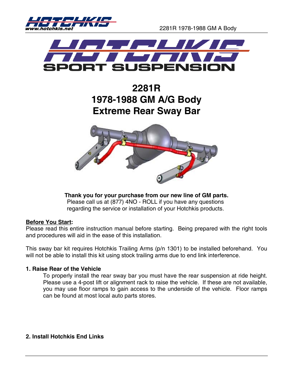Hotchkis 2281R Sway Bars, Rear, 78-88 GM A, G-Body, Extreme User Manual | 7 pages