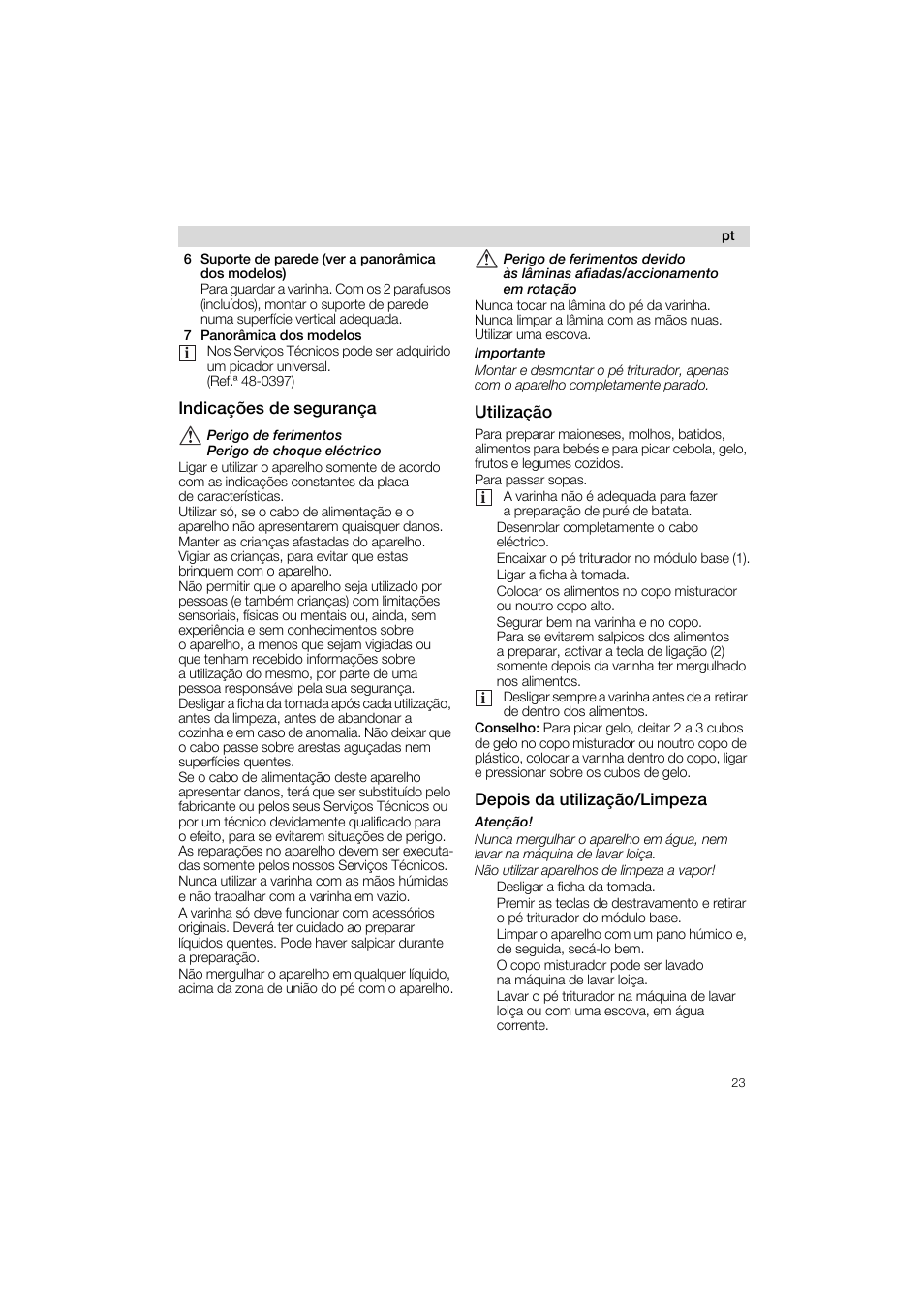 6 suporte de parede (ver a panoràmica dos modelos), 7 panoràmica dos modelos, Indicagoes de seguranga | Utilizagao, Depois da utilizagao/limpeza | Siemens MQ 5 N 220 User Manual | Page 23 / 51