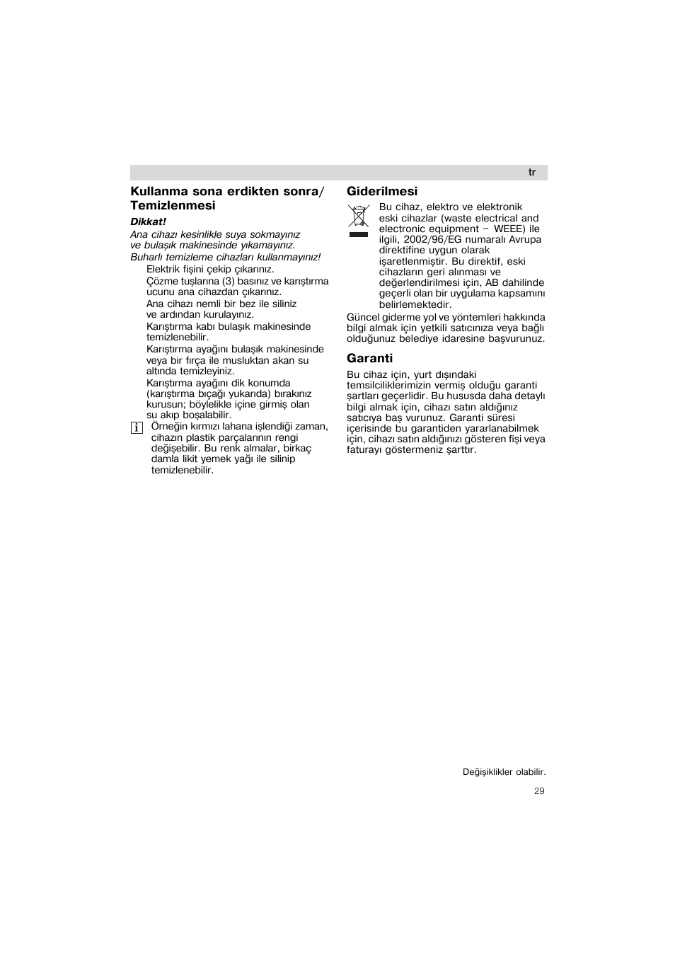 Kullanma sona erdikten sonra/ temizlenmesi, Giderilmesi, Garanti | Siemens MQ 5 N 220 User Manual | Page 29 / 51