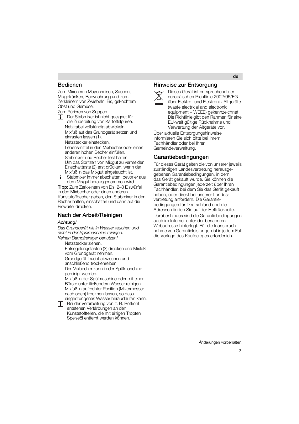 Bedienen, Nach der arbeit/reinigen, Hinweise zur entsorgung | Garantiebedingungen | Siemens MQ 5 N 220 User Manual | Page 3 / 51