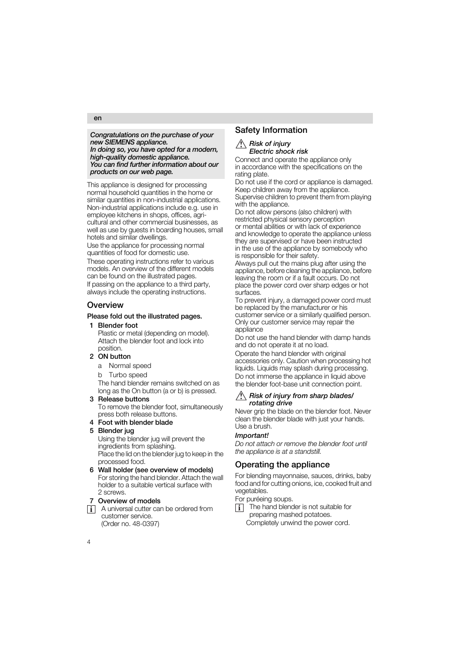 Overview, 1 blender foot, 2 on button | 3 release buttons, 4 foot with blender blade, 5 blender jug, 6 wall holder (see overview of models), 7 overview of models, Safety information, Operating the appliance | Siemens MQ 5 N 220 User Manual | Page 4 / 51