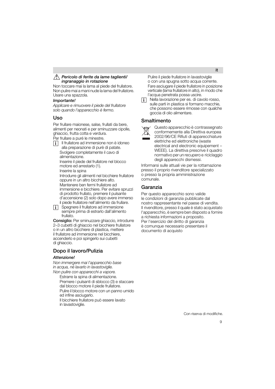 Dopo il lavoro/pulizia, Smaltimento, Garanzia | Siemens MQ 5 N 220 User Manual | Page 9 / 51