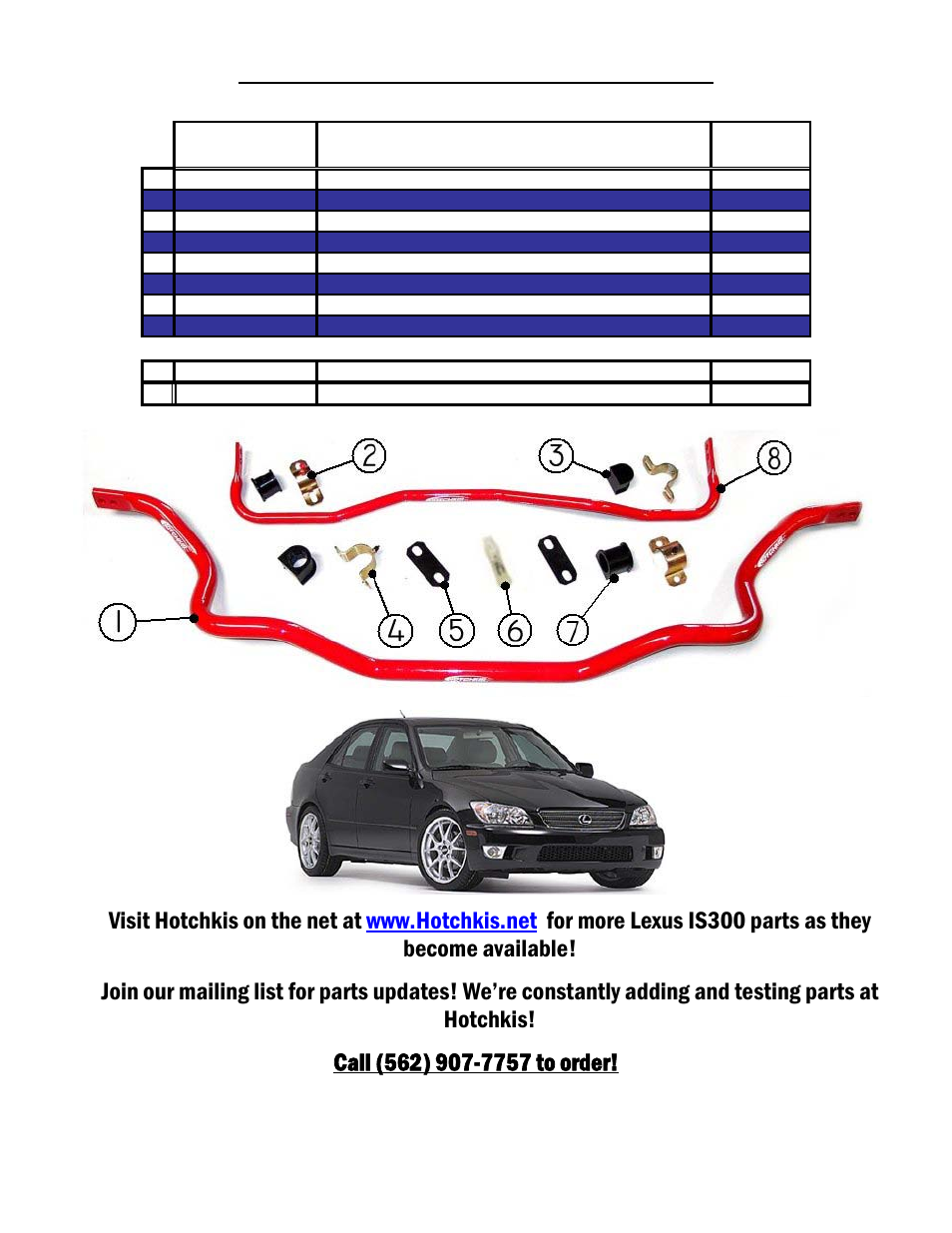 Lexus is300 street sway bar kit, parts list | Hotchkis 22410 Lexus IS300 Sport Sway Bars User Manual | Page 8 / 11