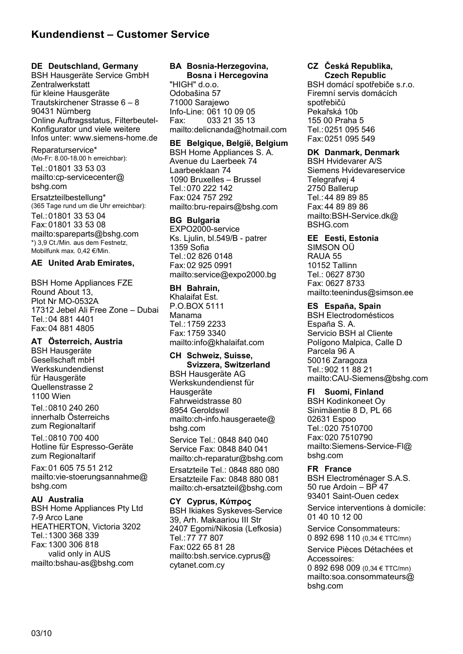 Kundendienst - customer service | Siemens MQ 5 N 230 User Manual | Page 46 / 51