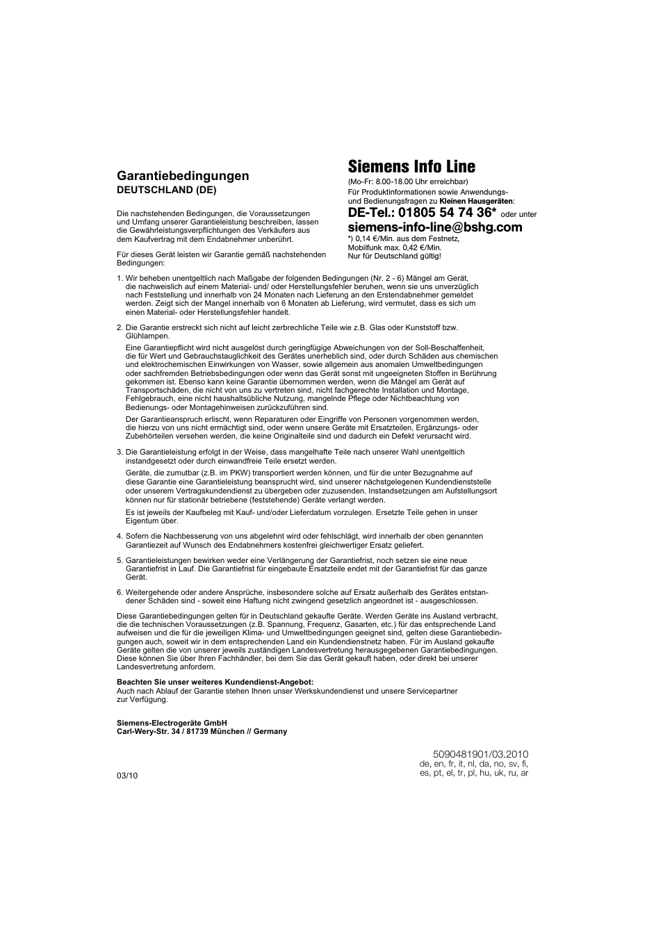 Garantiebedingungen, Siemens info line | Siemens MQ 5 N 230 User Manual | Page 49 / 51