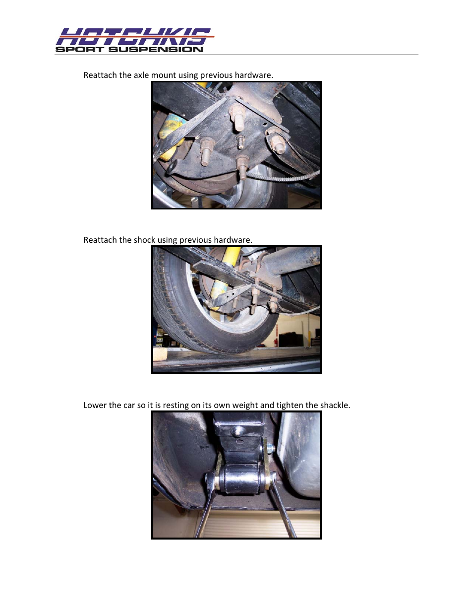 Reattach axle mount, Reattach shock, Lower the car and fully tighten the shackle | Hotchkis 21016 PIVOT BUSHING KIT 67-69 GM F-BODY User Manual | Page 13 / 15