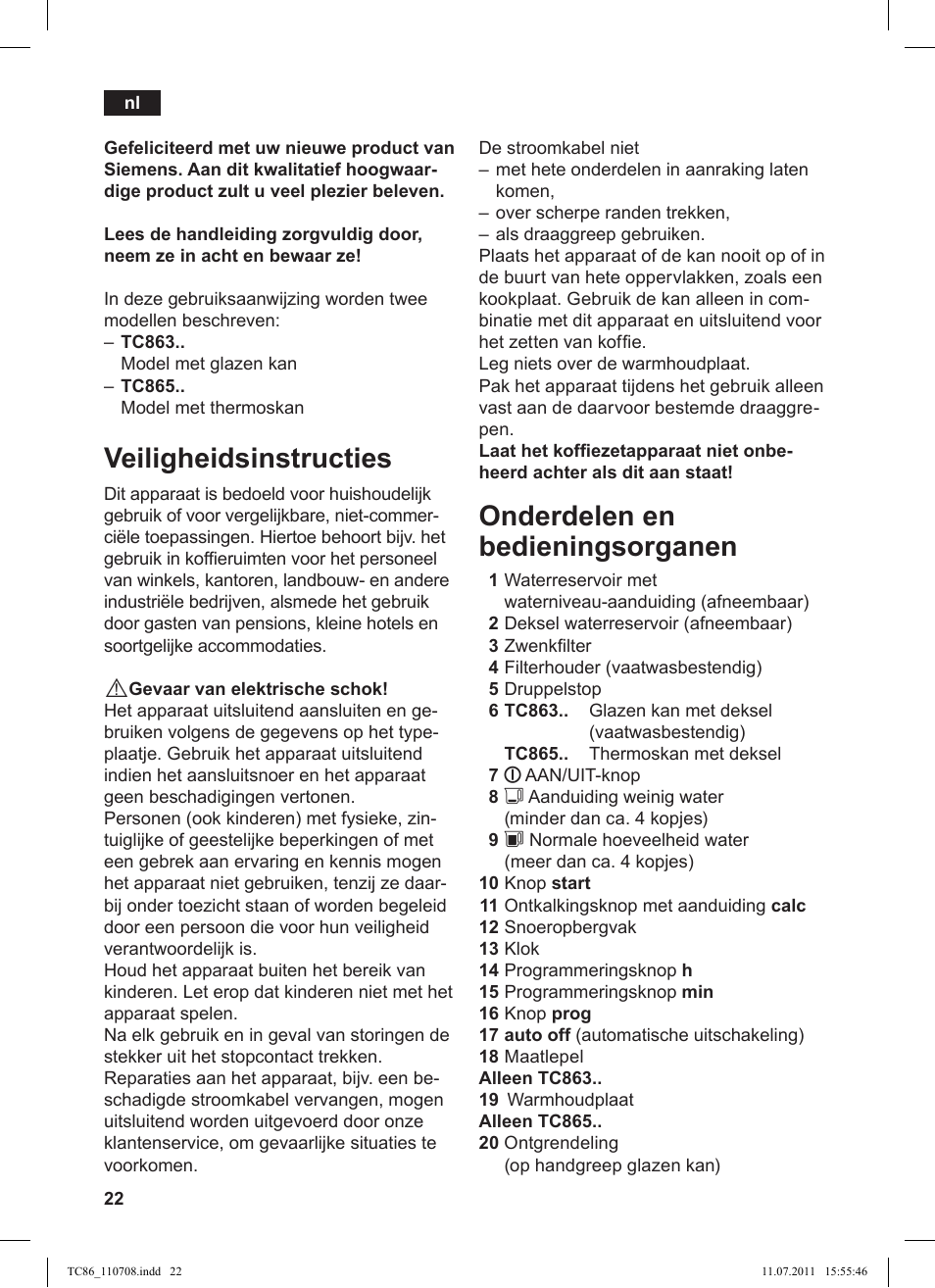 Veiligheidsinstructies, Onderdelen en bedieningsorganen | Siemens TC 86510 User Manual | Page 26 / 108