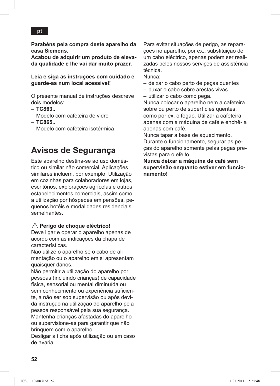 Avisos de segurança | Siemens TC 86510 User Manual | Page 56 / 108
