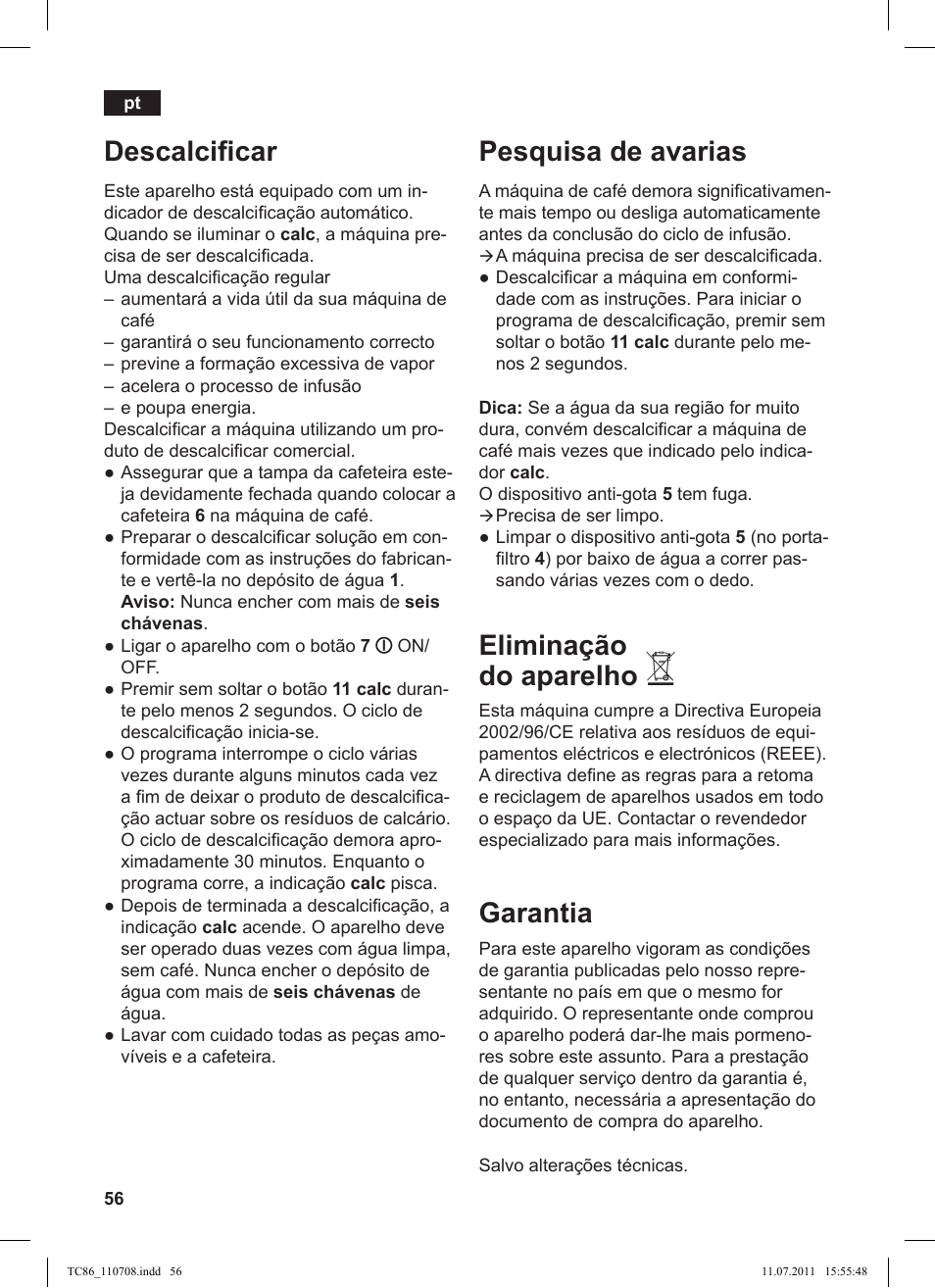 Descalciicar, Pesquisa de avarias, Eliminação do aparelho | Garantia | Siemens TC 86510 User Manual | Page 60 / 108