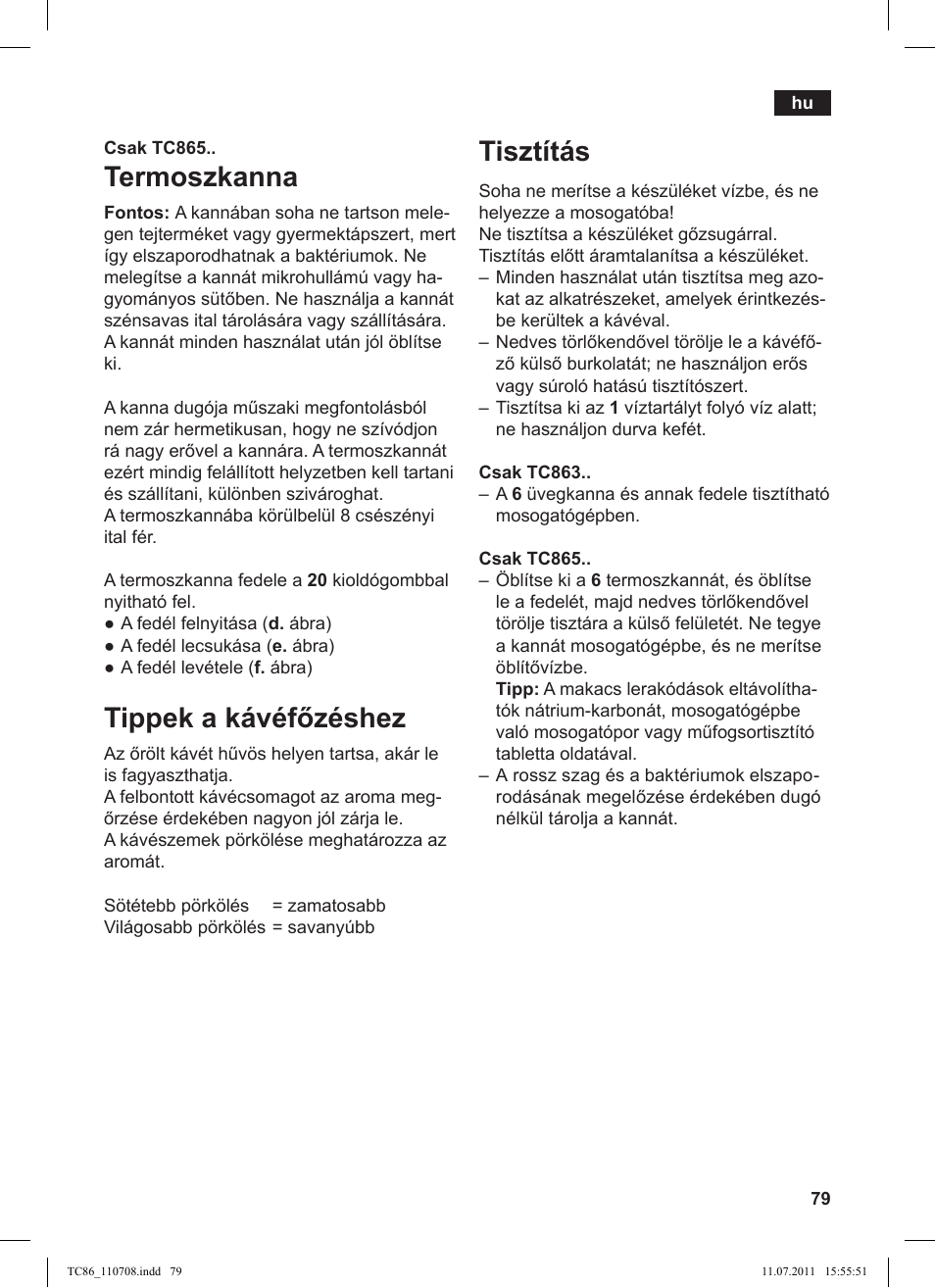 Termoszkanna, Tippek a kávéf zéshez, Tisztítás | Siemens TC 86510 User Manual | Page 83 / 108