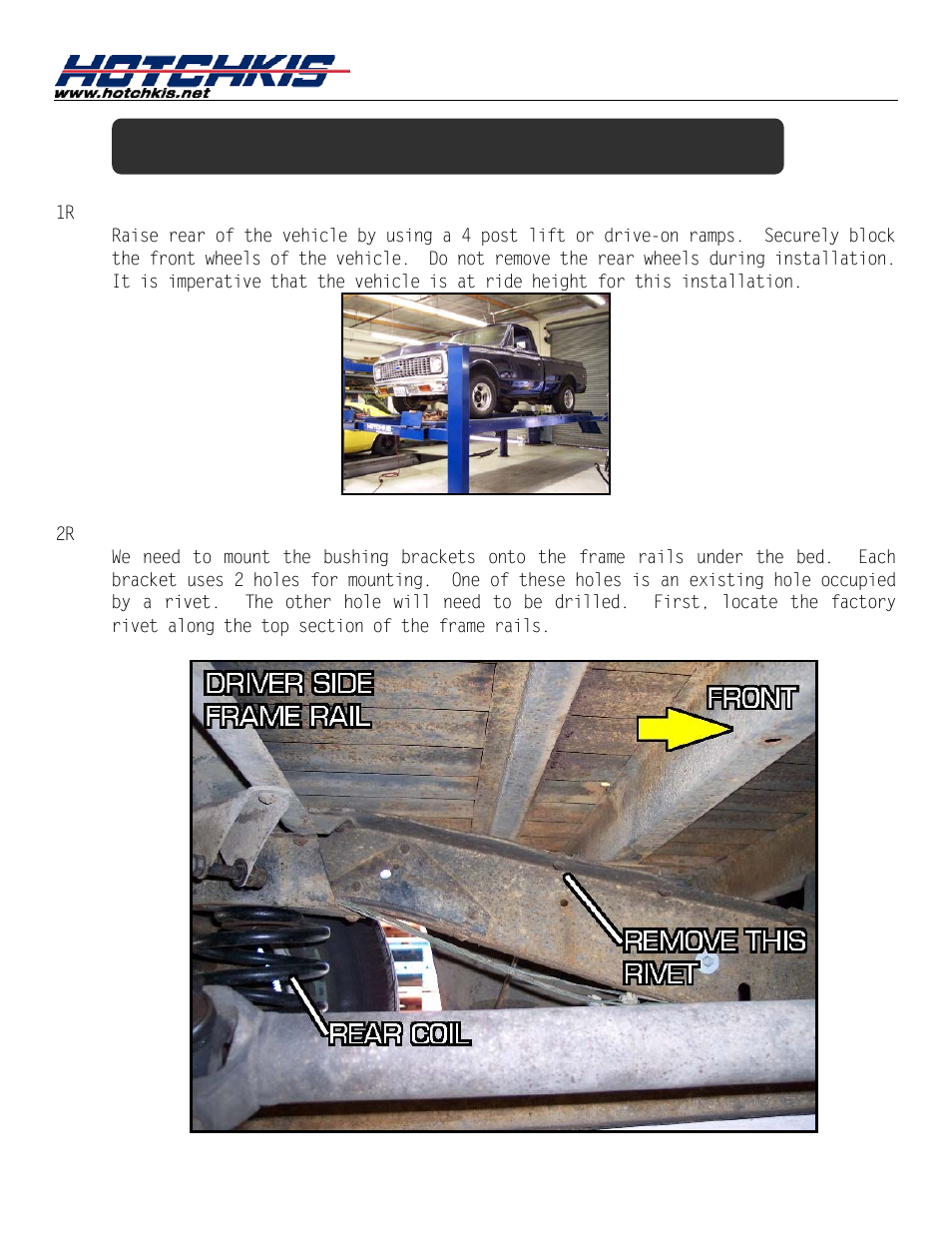 Installation of hotchkis rear sway bar, Raising car, Drill holes for bushing bracket | Hotchkis 22390R Sway Bars, Rear, Blade Style, 63-72 C-10 User Manual | Page 2 / 14
