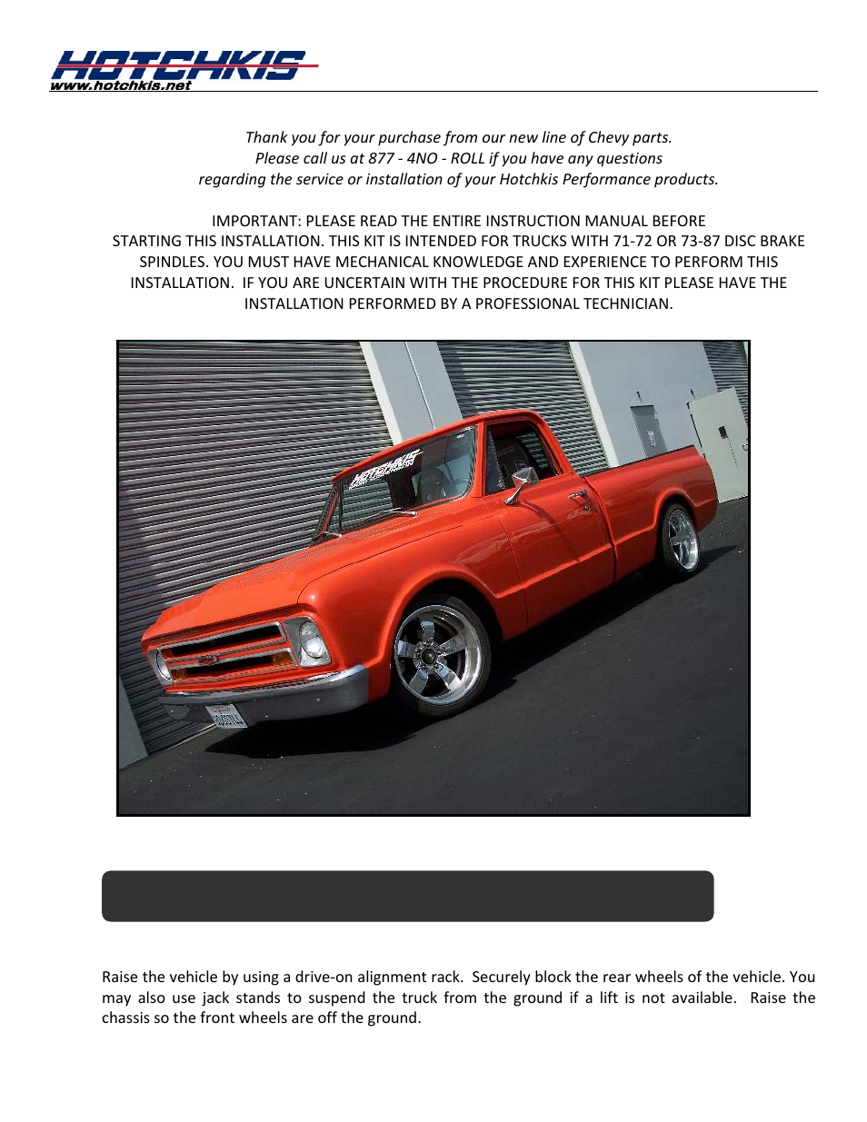 Installation of hotchkis upper a-arms, Raise the truck | Hotchkis 80390 TVS System, Stage 1, 67-72 C-10 Small Block, 4'-6' Drop, 2WD User Manual | Page 17 / 100