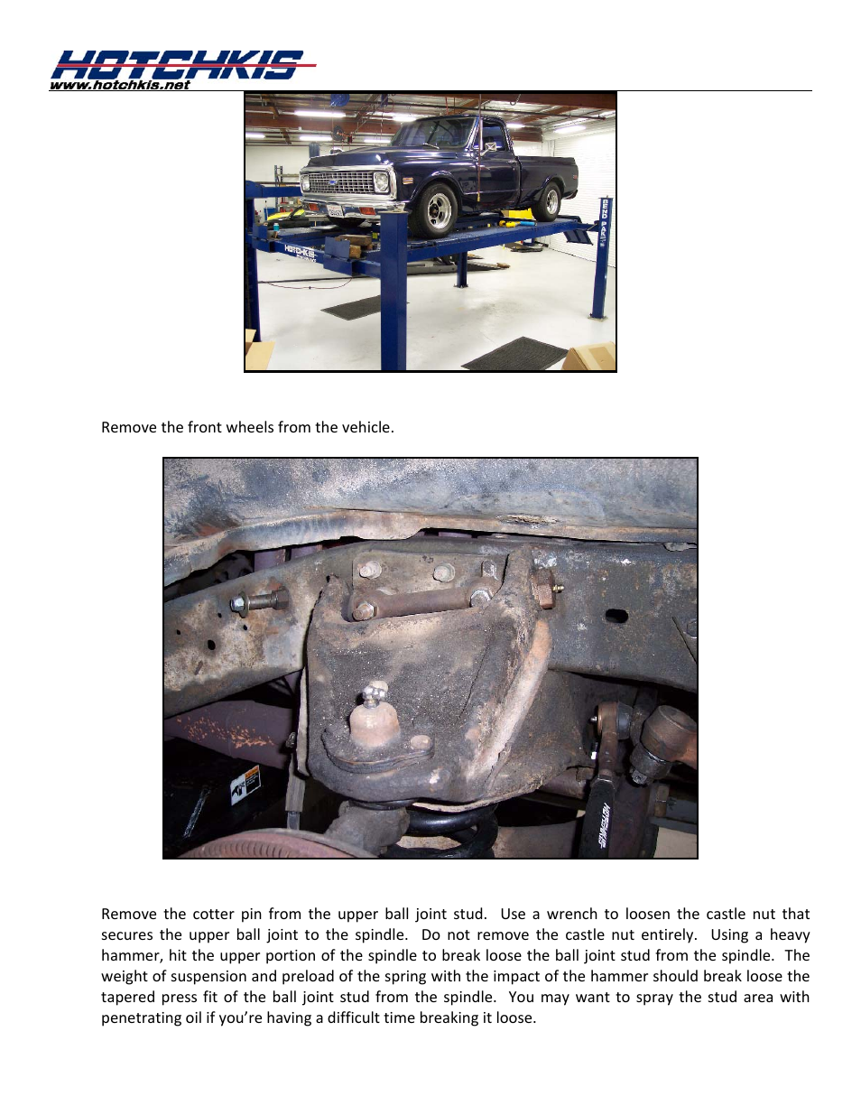 Remove front wheels, Disconnect the upper ball joint | Hotchkis 80390 TVS System, Stage 1, 67-72 C-10 Small Block, 4'-6' Drop, 2WD User Manual | Page 18 / 100