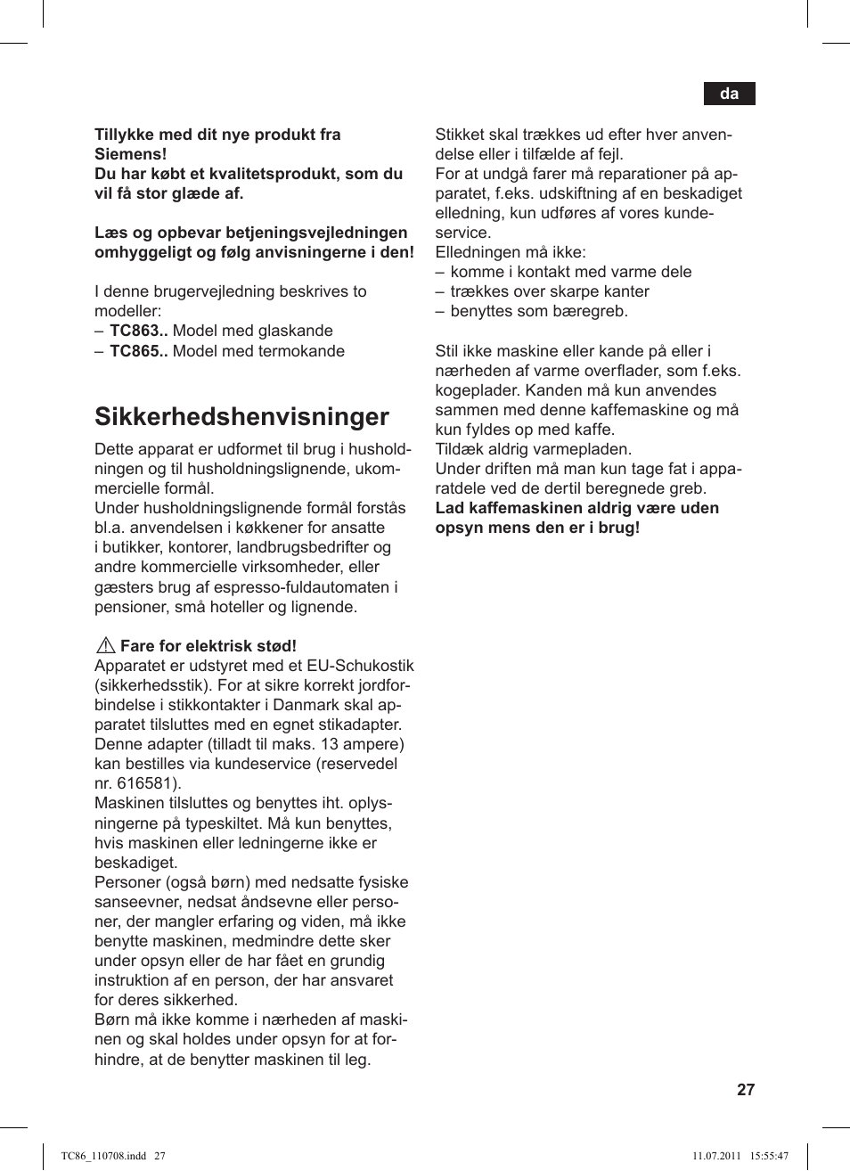 Sikkerhedshenvisninger | Siemens TC 86348 User Manual | Page 31 / 108