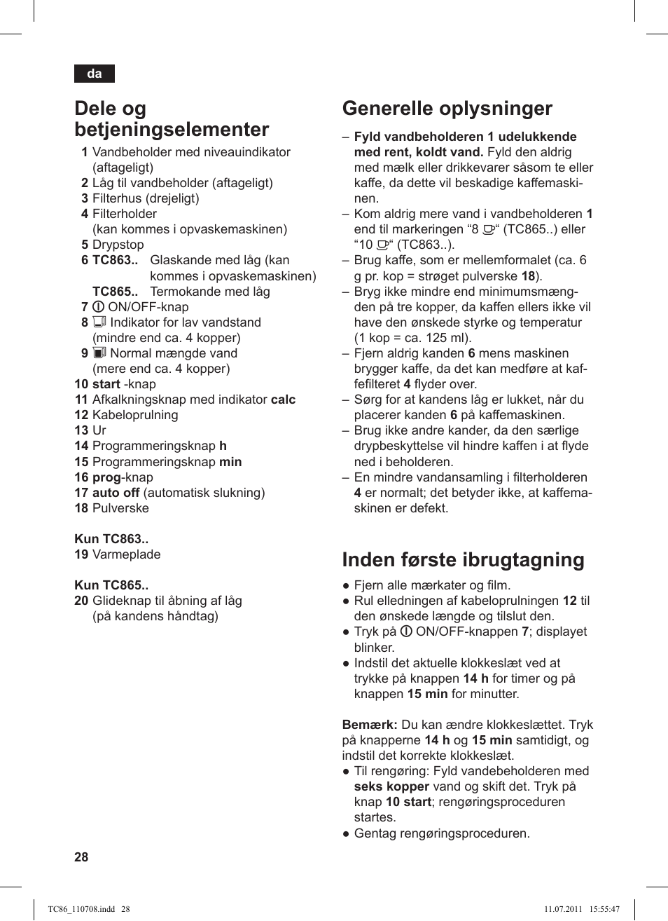 Generelle oplysninger, Inden første ibrugtagning, Dele og betjeningselementer | Siemens TC 86348 User Manual | Page 32 / 108