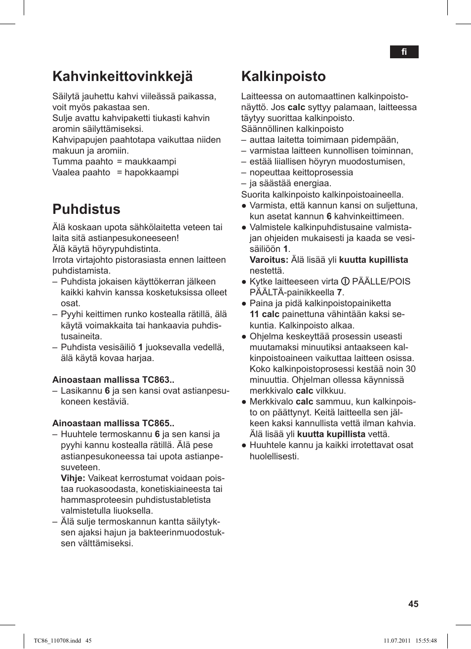 Kahvinkeittovinkkejä, Puhdistus, Kalkinpoisto | Siemens TC 86348 User Manual | Page 49 / 108