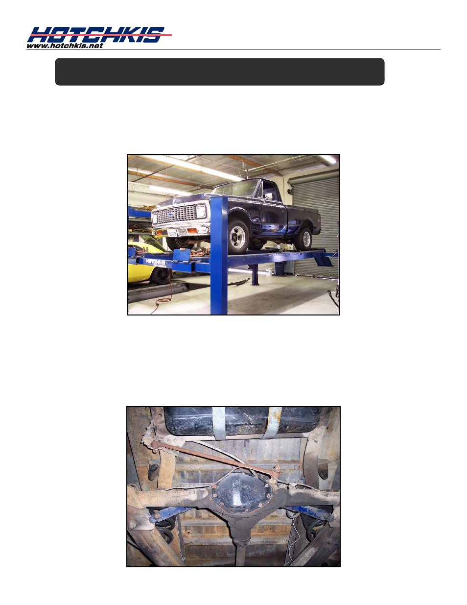 Installation of hotchkis rear sway bar, Raising car, Install u-bolts (kit#t1722) on rear axle | Hotchkis 22108 Sway Bars, Front, 63-72 C-10, Sport User Manual | Page 9 / 18