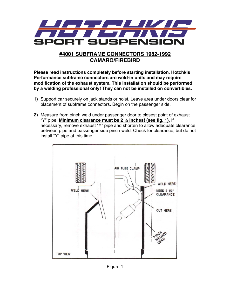 Hotchkis 4001 1982-1992 Camaro-Firebird Sub Frame Connectors User Manual | 5 pages