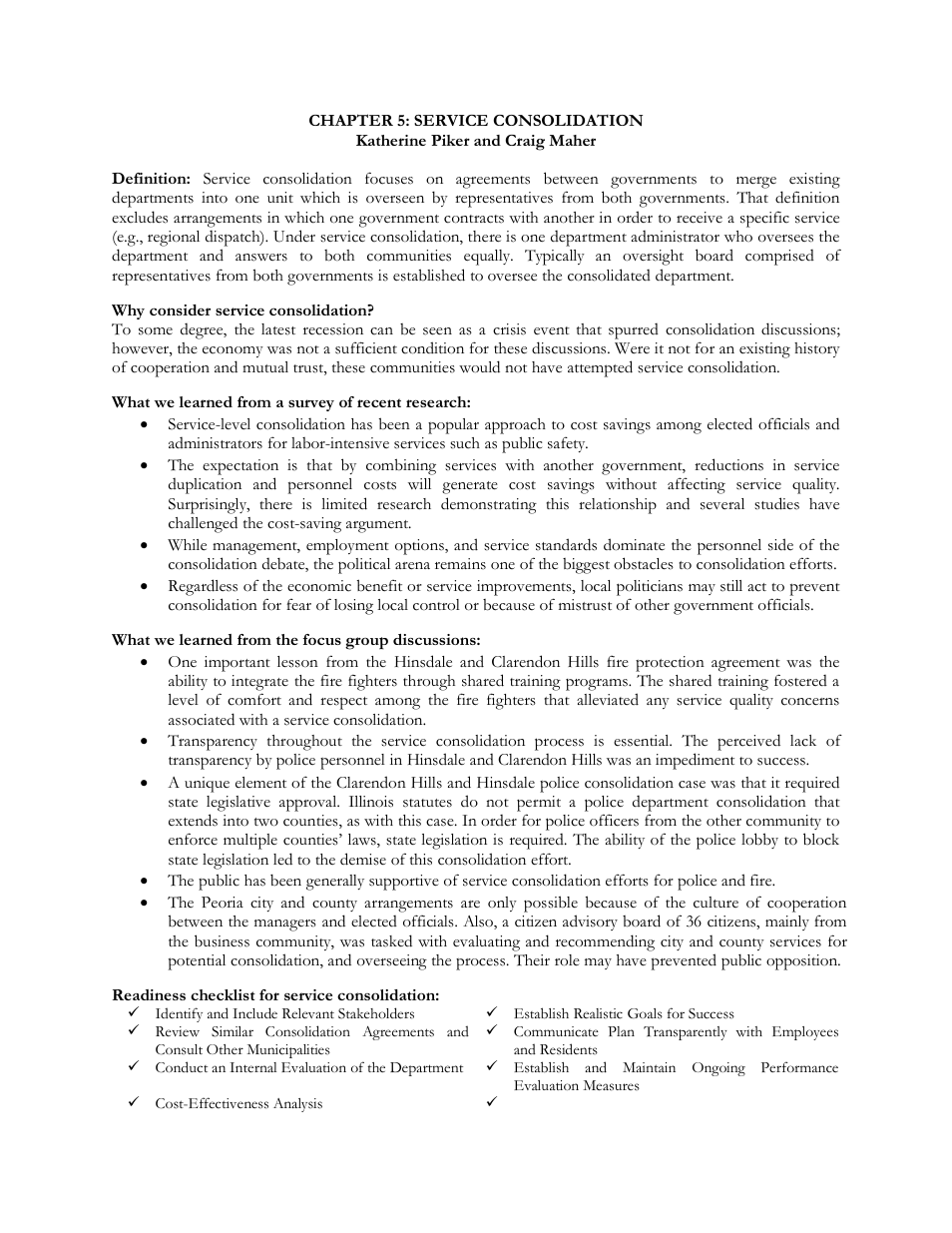 Why consider service consolidation, What we learned from a survey of recent research, What we learned from the focus group discussions | Readiness checklist for service consolidation | HR Green ASD for Local Governments Handbook - Executive Summary User Manual | Page 10 / 15