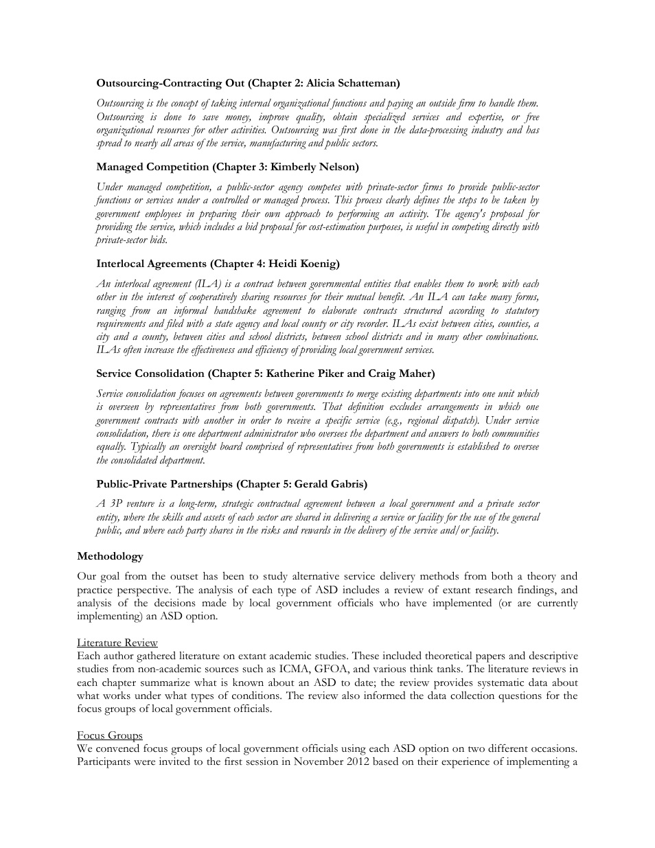 Managed competition (chapter 3: kimberly nelson), Interlocal agreements (chapter 4: heidi koenig), Methodology | HR Green ASD for Local Governments Handbook - Executive Summary User Manual | Page 4 / 15